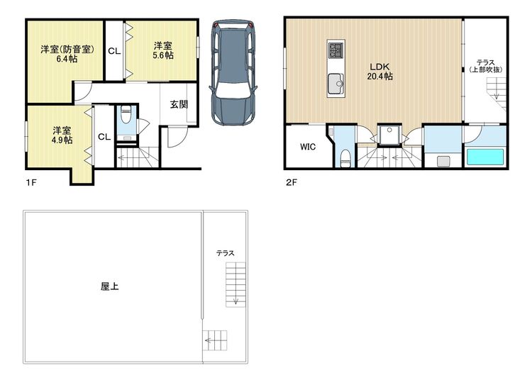 間取り 設計美と機能性を両立したゆとりの邸宅。約20.4帖の開放的LDKに加え、1階には本格防音室を配置。WICや吹抜テラス、屋上空間まで備え、日常と非日常が調和する上質な住まいです。