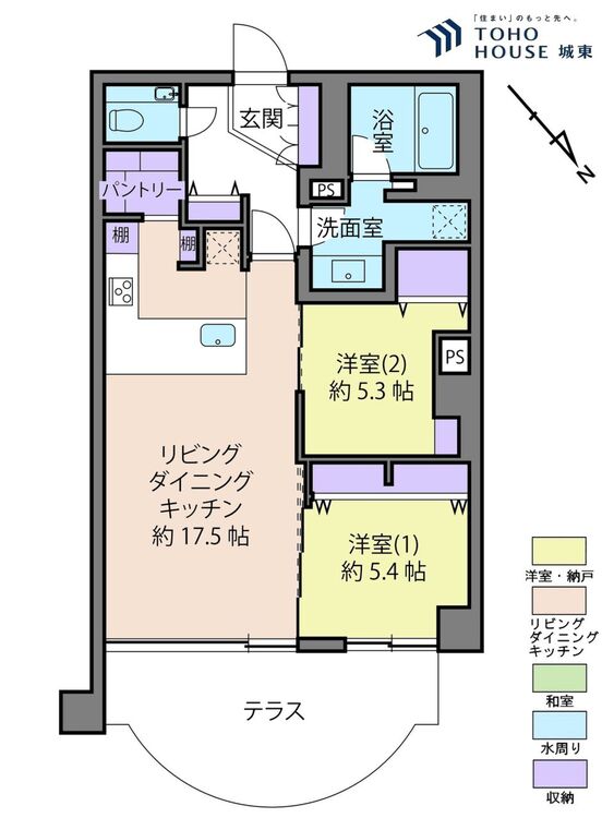 間取り ２ＬＤＫ、専有面積７４．２０平米、テラス面積１４．２７平米