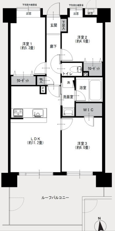 間取り ３ＬＤＫ、専有面積６０平米、バルコニー面積１７．６４平米