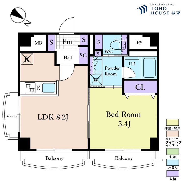 間取り １ＬＤＫ、専有面積３３．９２平米、バルコニー面積８．０９平米