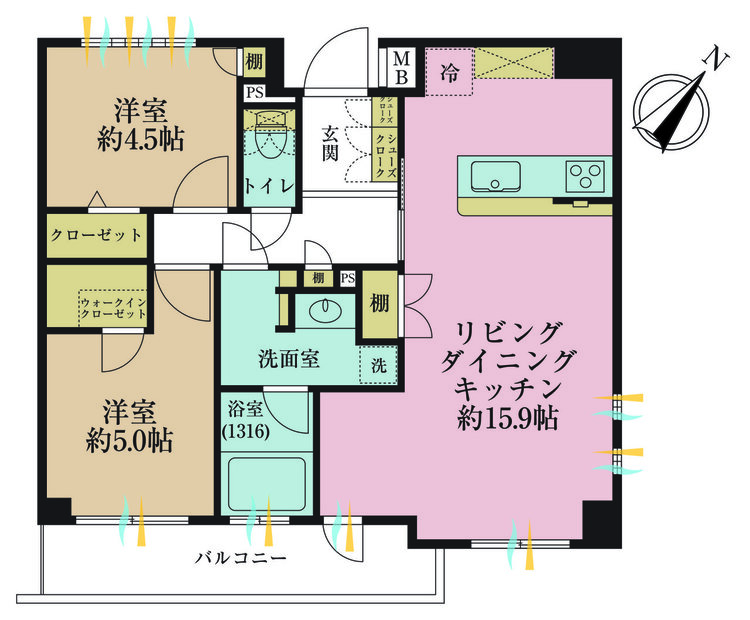 その他 2LDK、専有面積61.98m2、バルコニー面積7.43m2