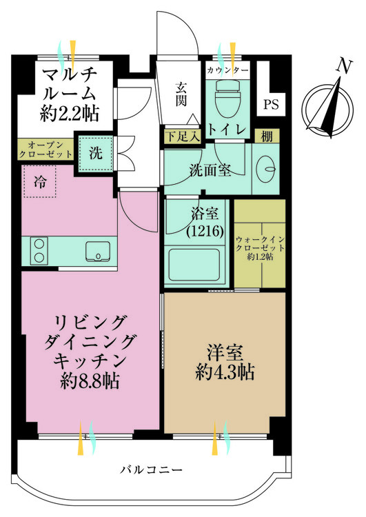 その他 1LDK+S（納戸）、専有面積38.58m2、バルコニー面積5.74m2