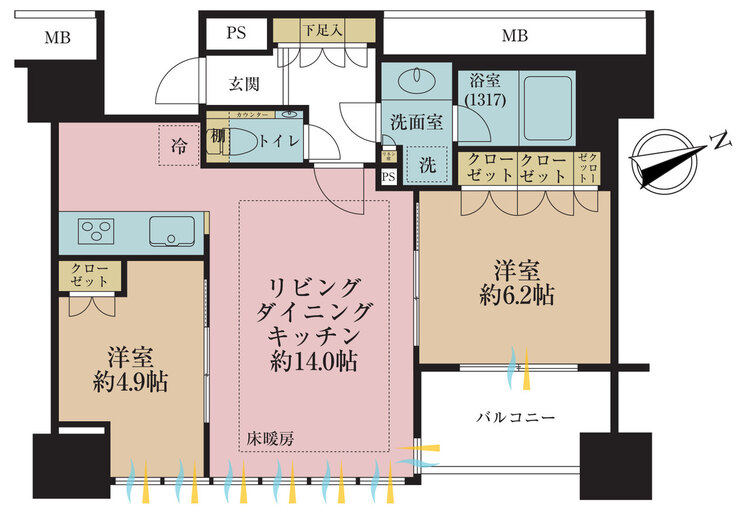 その他 2LDK、専有面積54.99m2、バルコニー面積6m2