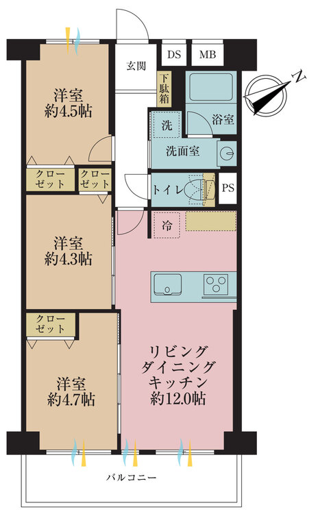 その他 3LDK、専有面積57.75m2、バルコニー面積7.26m2