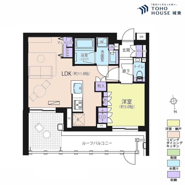 間取り １ＬＤＫ、専有面積４５．２５平米、ルーフバルコニー面積１４．６６平米