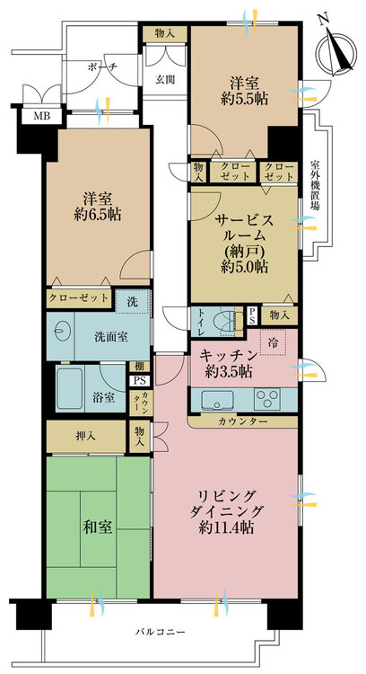 間取り ３ＳＬＤＫ、専有面積８５．２８平米、バルコニー面積９．０６平米