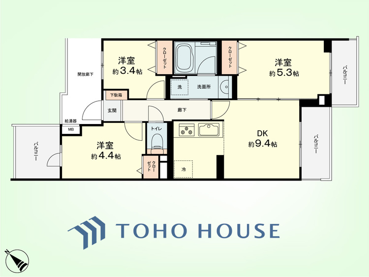 間取り 3DK　専有面積52.84平米、バルコニー面積10.61平米