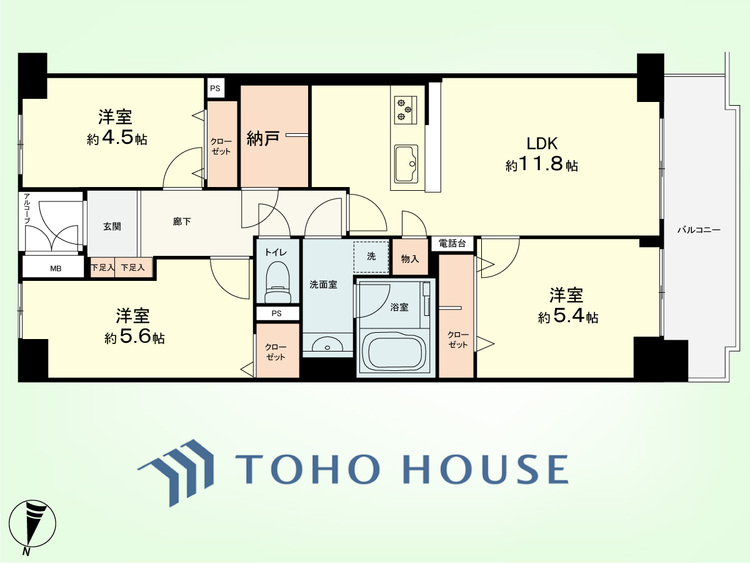 間取り 3LDK+納戸　専有面積67.23平米、バルコニー面積7.80平米