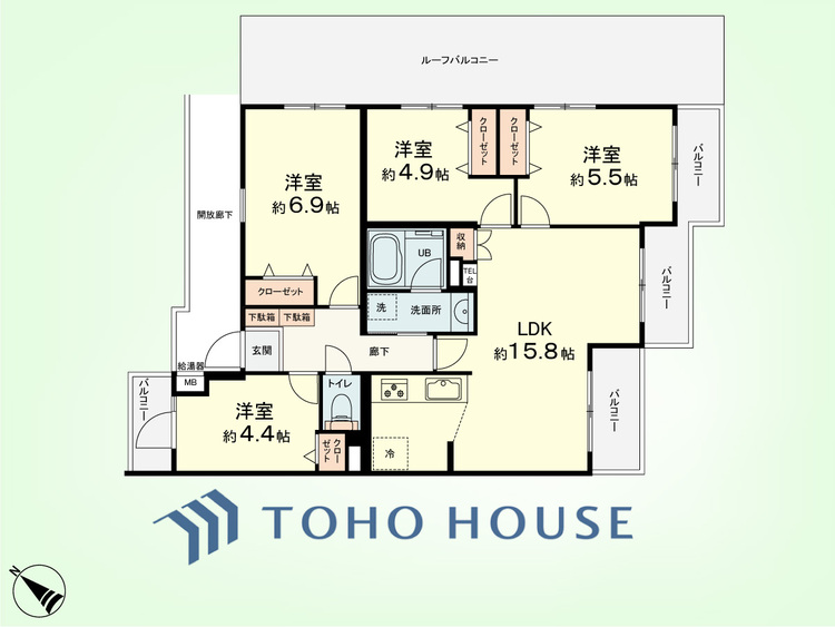 間取り 4LDK　専有面積79.57平米、バルコニー面積7.17平米、ルーフバルコニー面積16.49平米