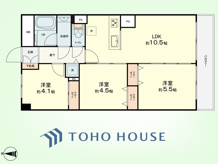 間取り 3LDK　専有面積54.81平米、バルコニー面積5.40平米