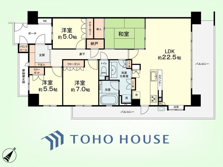 間取り 4LDK+TR　専有面積105.7平米、バルコニー面積29.67平米