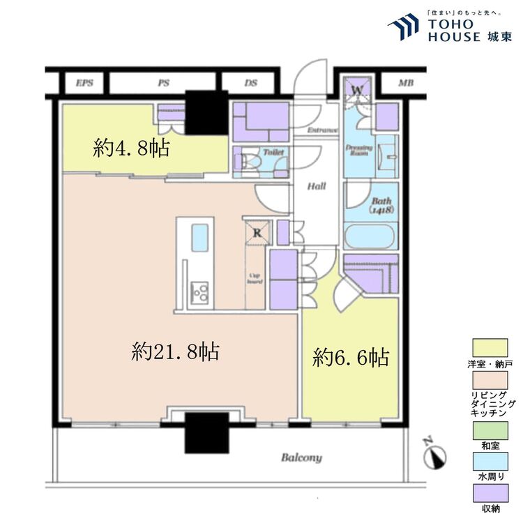 間取り ２ＬＤＫ、専有面積７６．７３平米、バルコニー面積１４．９６平米