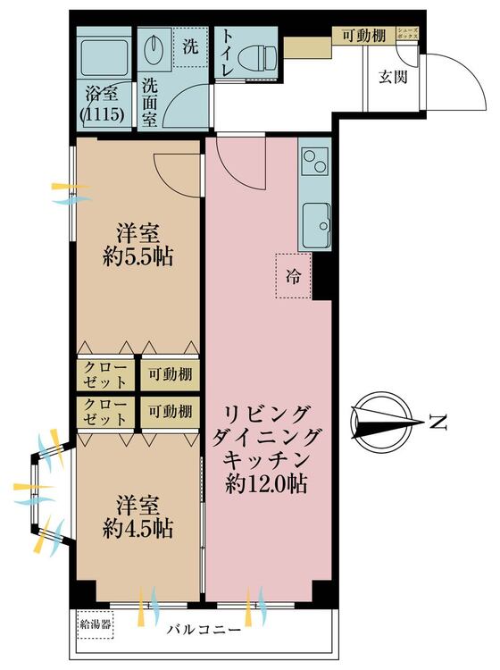 間取り ２ＬＤＫ、専有面積４６．６２平米、バルコニー面積４．５９平米