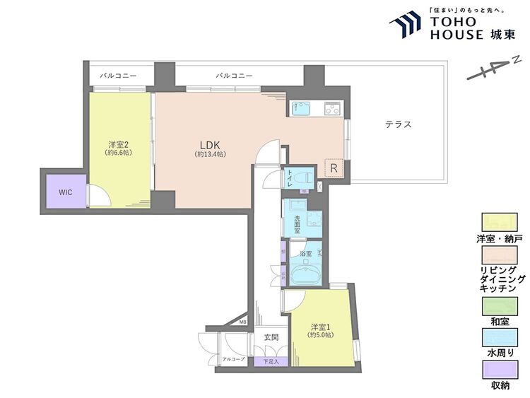 間取り ２ＬＤＫ、専有面積６５．２８平米、バルコニー面積９．２６平米、テラス面積１６．２平米