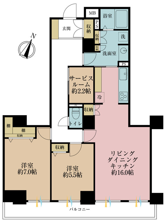 間取り ２ＳＬＤＫ、専有面積８４．３平米、バルコニー面積１２平米