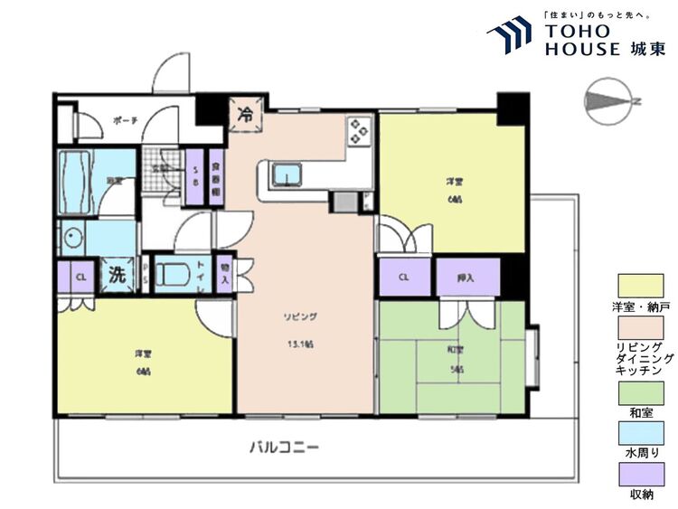 間取り ３ＬＤＫ、専有面積６３．６平米、バルコニー面積２６．４７平米