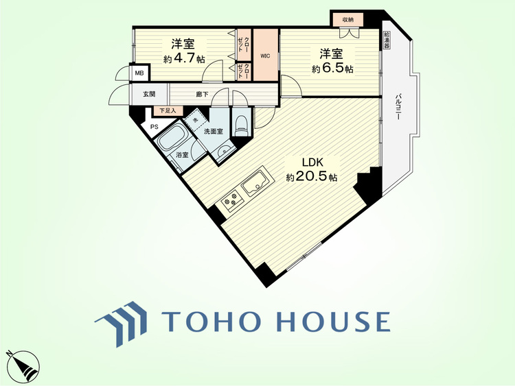 間取り 2LDK　専有面積77.90平米、バルコニー面積7.98平米