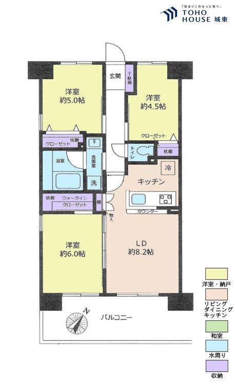 間取り ３ＬＤＫ、専有面積６０平米、バルコニー面積１２平米