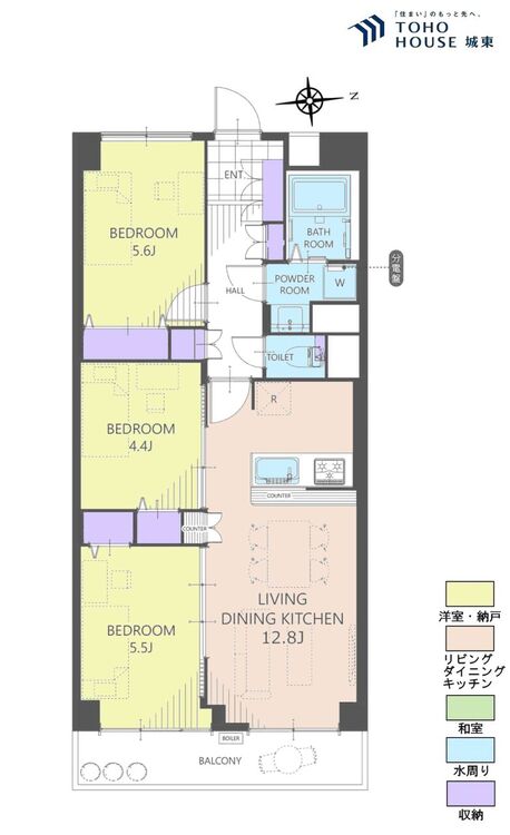 間取り ３ＬＤＫ、専有面積６４．４平米、バルコニー面積６．２４平米