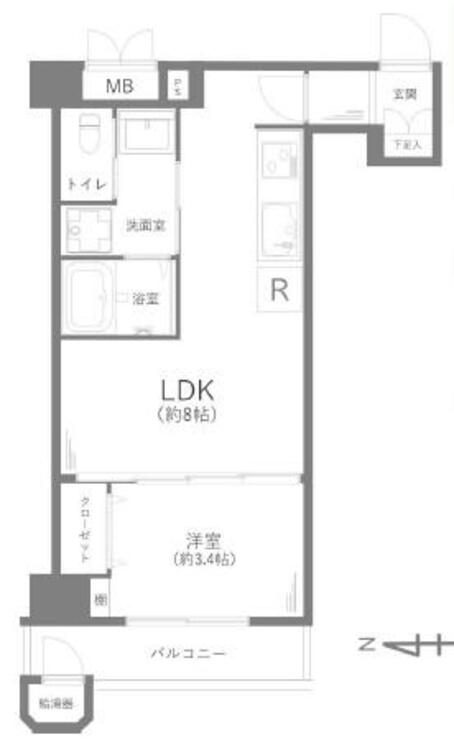 間取り １ＬＤＫ、専有面積３１．８４平米、バルコニー面積５．４９平米