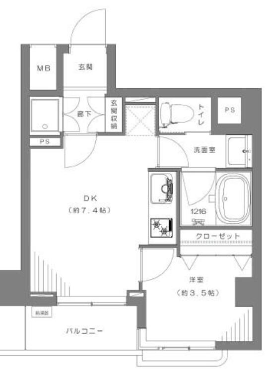 間取り １ＤＫ、専有面積３０．０９平米、バルコニー面積３．１８平米