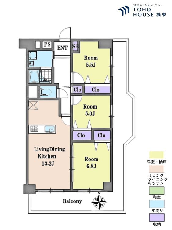 間取り ３ＬＤＫ、専有面積７０．４０平米、バルコニー面積２２．５４平米