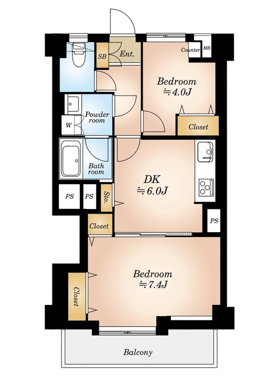 その他 2DK、専有面積46.08m2、バルコニー面積4.28m2