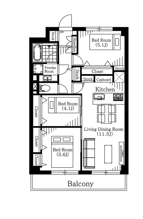 その他 3LDK、専有面積61.44m2、バルコニー面積7.68m2