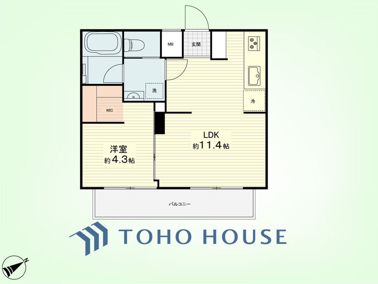 間取り 1LDK　専有面積36.40平米、バルコニー面積5.60平米