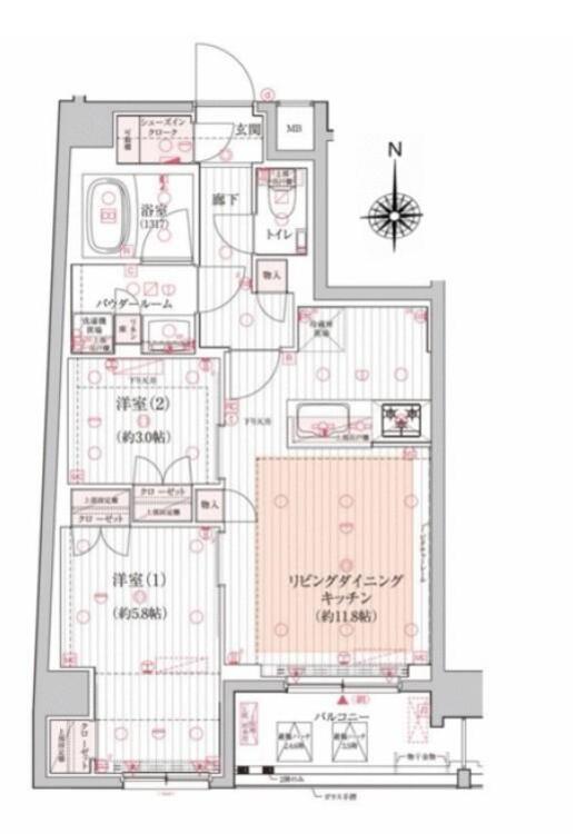 間取り ２ＬＤＫ、専有面積５２．１３平米、バルコニー面積５．２５平米