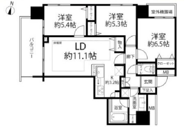 間取り ３ＬＤＫ、専有面積７０．０９平米、バルコニー面積８．１３平米