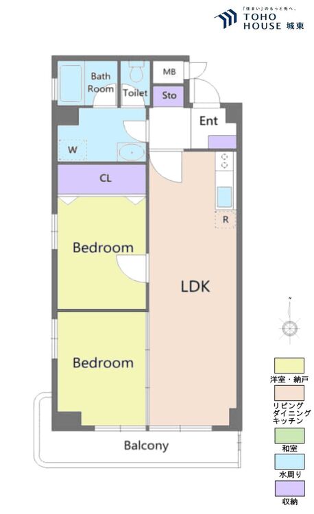 間取り ２ＬＤＫ、専有面積５８．７７平米、バルコニー面積５．４平米
