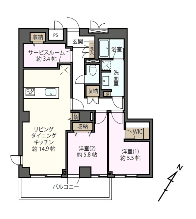 その他 2LDK+S（納戸）、専有面積74.99m2、バルコニー面積6.74m2