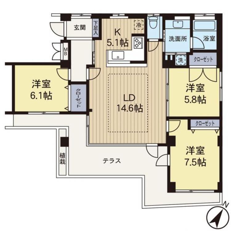 間取り 【間取り図】22平米の広々としたテラス付きの物件です！