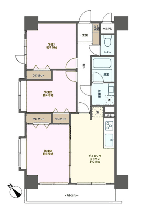 その他 3DK、専有面積57.68m2、バルコニー面積6.88m2