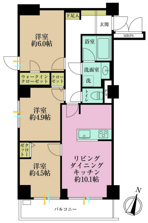 その他 3LDK、専有面積60.55m2、バルコニー面積6.58m2