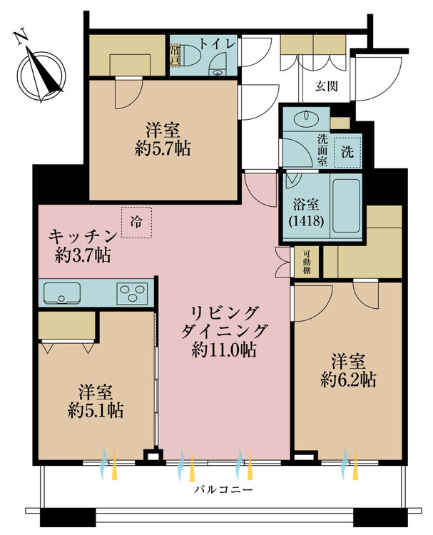 その他 3LDK、専有面積72.71m2、バルコニー面積13.35m2