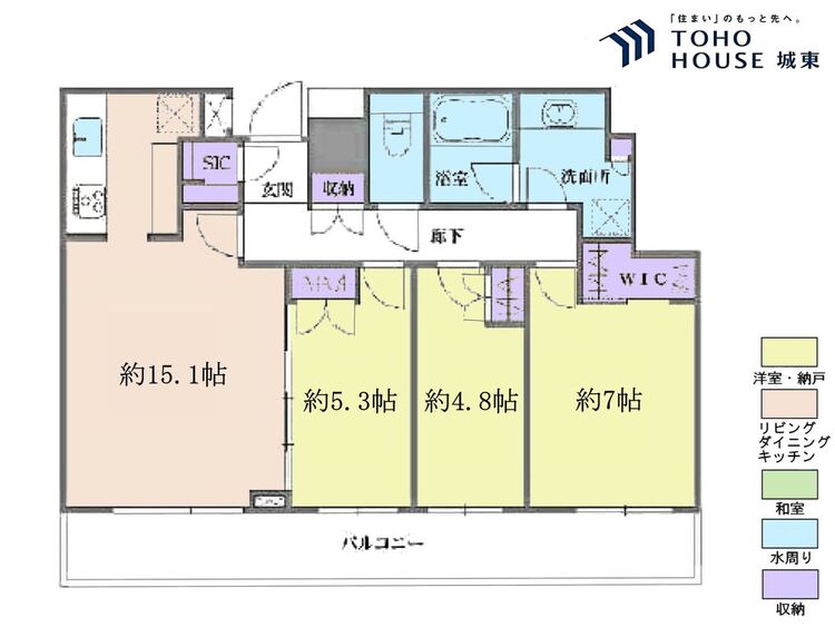 間取り ３ＬＤＫ、専有面積７５．６５平米、バルコニー面積１５．２平米