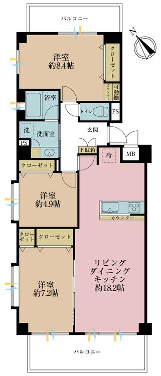 間取り ３ＬＤＫ、専有面積８２．０８平米、バルコニー面積１６．２４平米