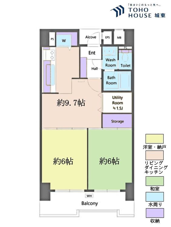 間取り ２ＳＤＫ、専有面積５１．７１平米、バルコニー面積７．６８平米