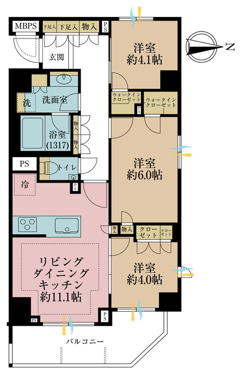 間取り ３ＬＤＫ、専有面積６２．６平米、バルコニー面積７．９４平米