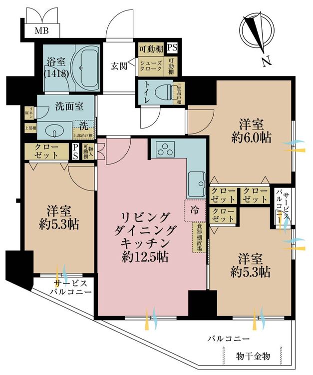 間取り ３ＬＤＫ、専有面積６７．２９平米、バルコニー面積７．４４平米