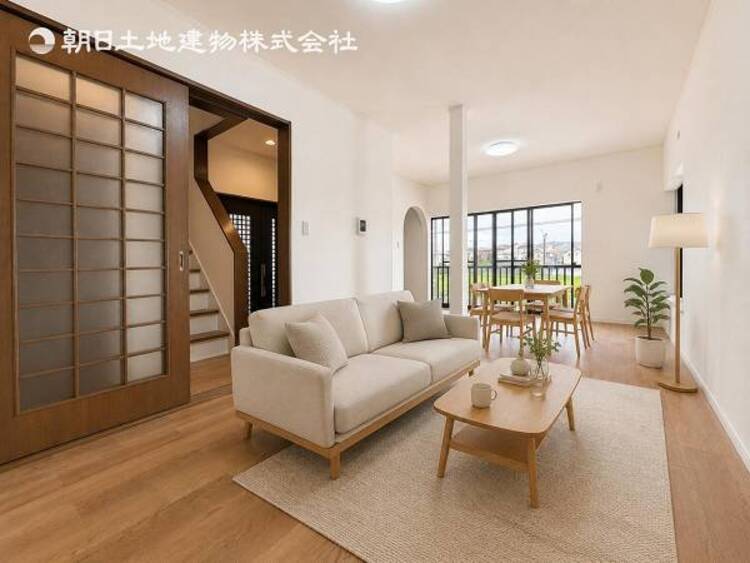 居間 心穏やかに過ごす溢れる光が優しく包み込むリビングダイニング！時間を大切にできる空間がここにあります！導線も取れているので、ダイニングテーブルやソファー、ローテーブルなどの家具もしっかりと配置できます。 