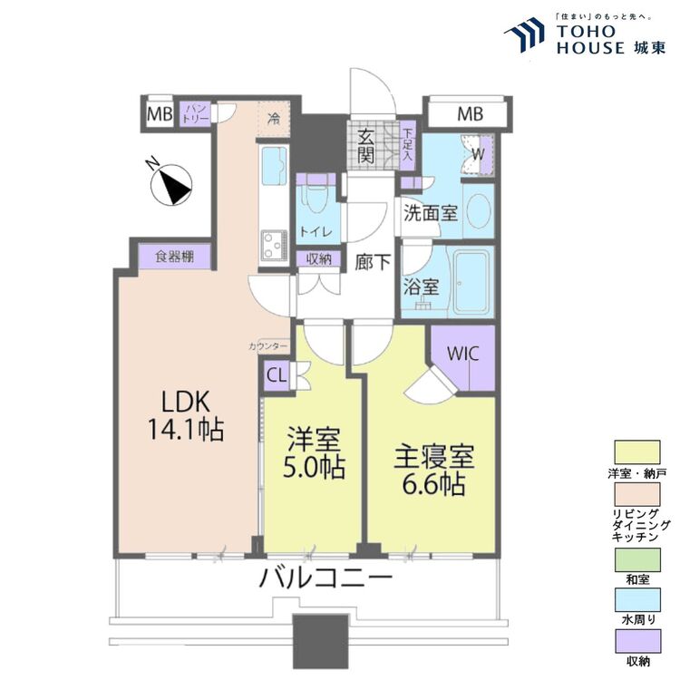 間取り ２ＬＤＫ、専有面積６０．４２平米、バルコニー面積１２．７５平米