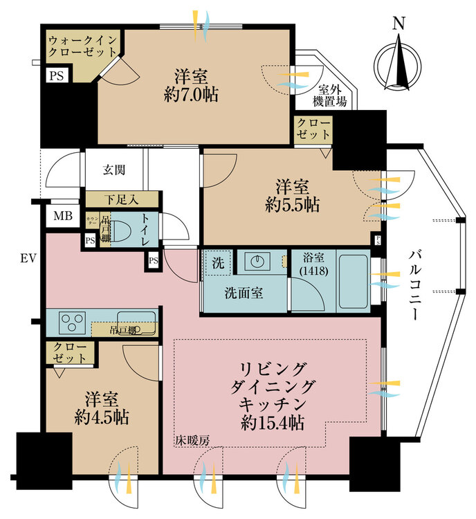間取り ３ＬＤＫ、専有面積７１．０６平米、バルコニー面積８．０２平米