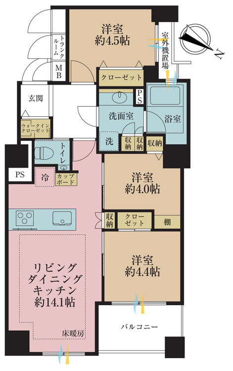 その他 3LDK、専有面積62.37m2、バルコニー面積5.1m2
