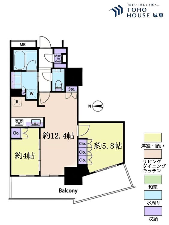 間取り ２ＬＤＫ、専有面積５２．３９平米、バルコニー面積１４．５５平米