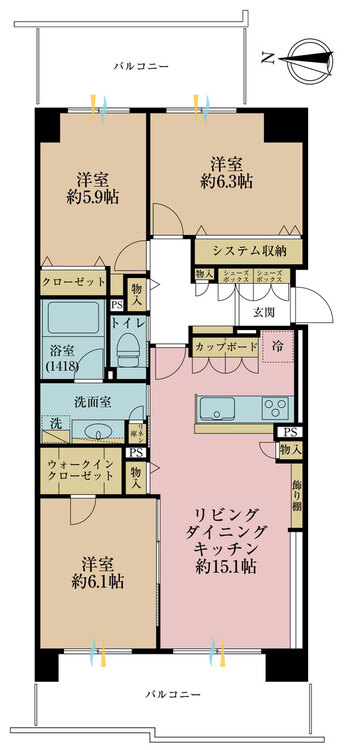 間取り 3LDK、専有面積78.36?、バルコニー面積21.42?