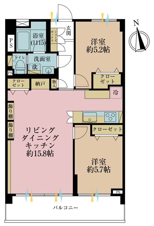 間取り 2LDK、専有面積60.72?、バルコニー面積9.67?