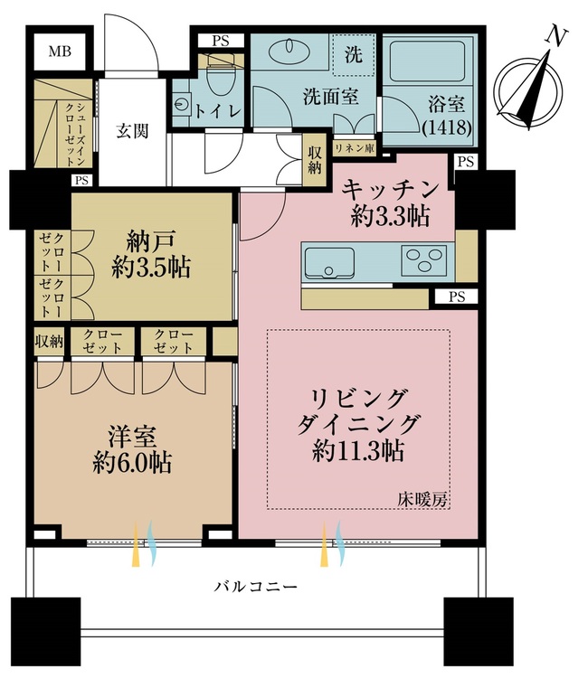 間取り 1SLDK、専有面積60?、バルコニー面積確認中